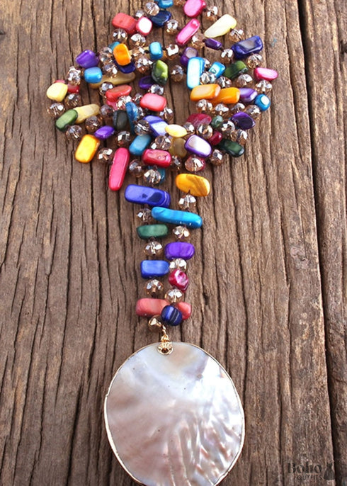 Boho Necklace, RH Pink Rose Crystal Shell